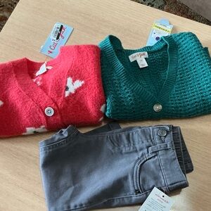 Cat & Jack Teal Knit Cardigan and Coral Heart Cardigan with Gray Pants